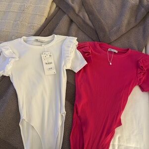 Zara White and Red Bodysuits with Ruffled Sleeves